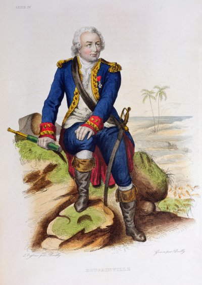 Louis Antoine de Bougainville seated on a rock, illustration from 